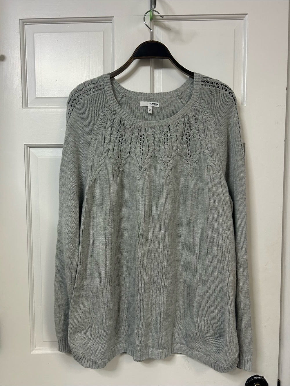 Sonoma Light Gray Knit Scoop-Neck Sweater with Lace Yoke